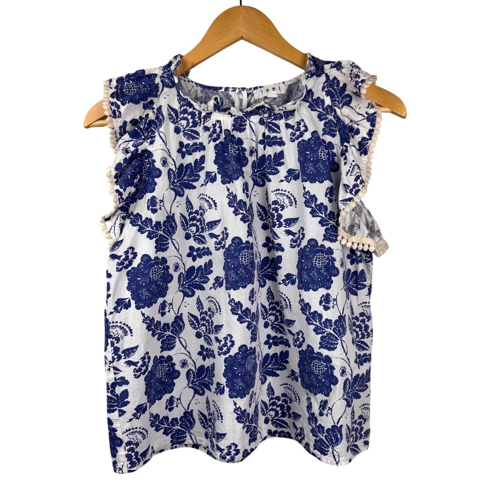 THML Floral Sleeveless Ruffle Blouse Women Sm Cotton Blue White Pom Pom Trim Top